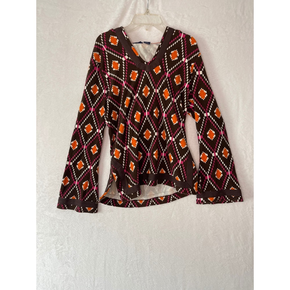Tory Burch for Scoop NYC Brown Geometric Diamond Print Hooded Tunic Tp Sz XS